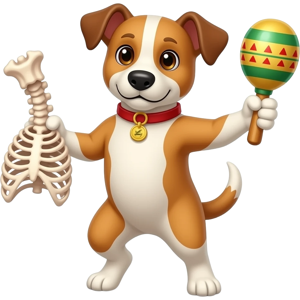 A dog dancing on its two hind legs, holding a rib cage, and it's a left hand, and holding a maraca in its right hand emoji