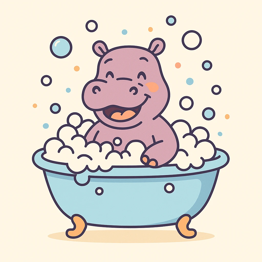 color vector art with thin outline of happy hippo with bubbles in bathtub emoji