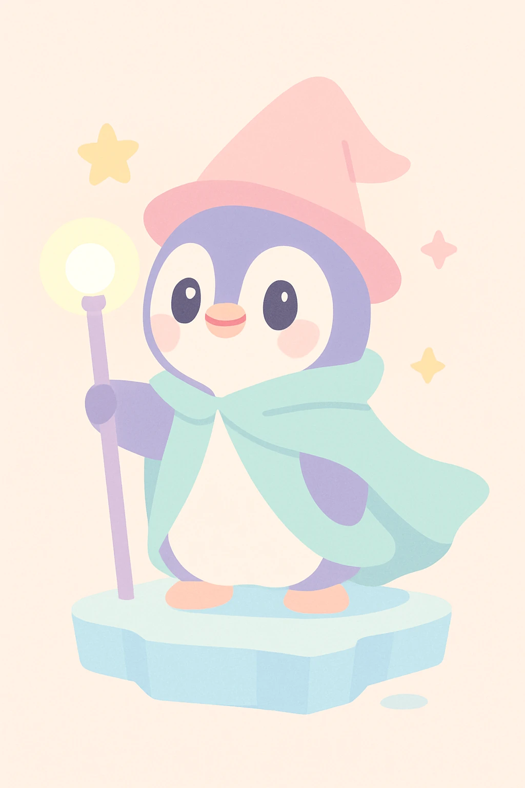 heroic penguin wizard with a flowing cloak, standing on an icy platform, staff glowing emoji