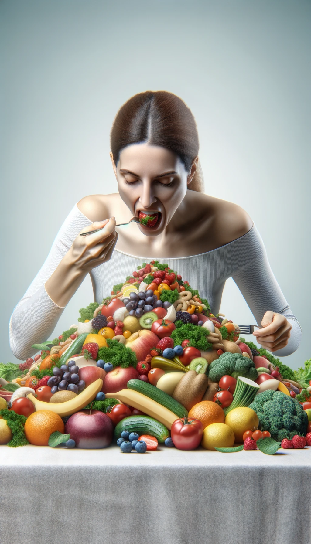 donna che mangia una montagna di frutta e verdura, SFONDO molto CHIARO NEUTRO, colori realistici, iperrealistico 4k emoji
