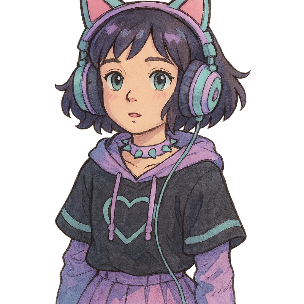cat ear headphones, pastel goth colors, ghibli style emoji