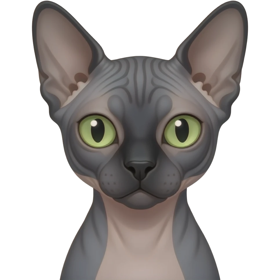 Dark grey female sphynx cat with black nose and light green eyes, just the face, emoji emoji