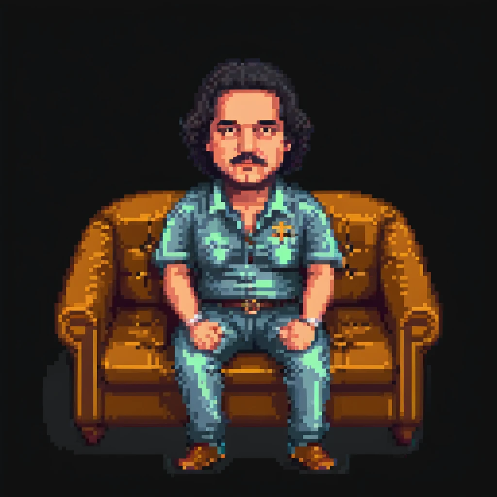 Pablo Escobar sitting on a sofa, pixel art style emoji