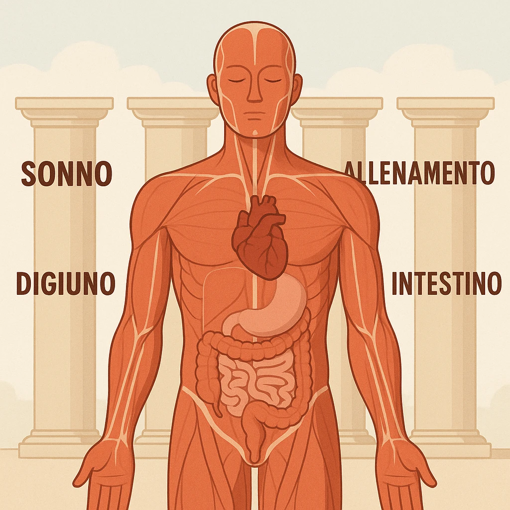 5 pilastri con le scritte "SONNO", "DIGIUNO", "ALLENAMENTO", "INTESTINO", DAVANTI UN CORPO UMANO ANATOMICO CON OCCHI CHIUSI IN SALUTE, SFONDO CHIARO emoji