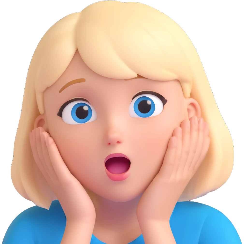 3D emoji of a white girl with short blonde hair, blue eyes, surprised expression emoji