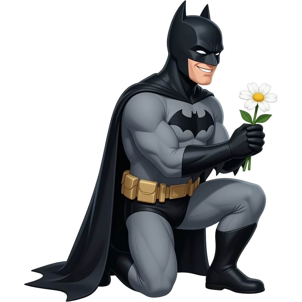 batman(armored suit) proposing to someone with white flower on knees(don't show the girl), only happy, batman (a bit side angle) emoji