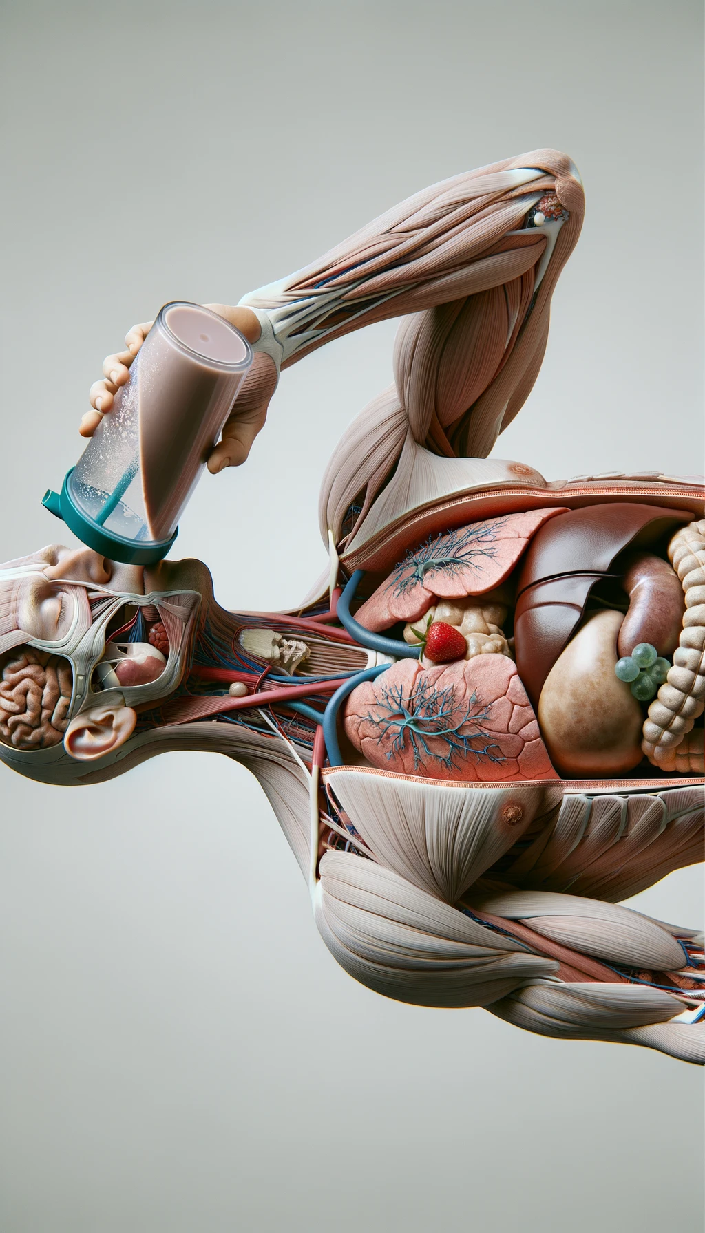 CORPO UMANO ANATOMICO CON OCCHI CHIUSI MENTRE BEVE UNO SHAKER PROTEICO, ORGANI IN EVIDENZA, IPERREALISTICO SFONDO CHIARO NEUTRO emoji