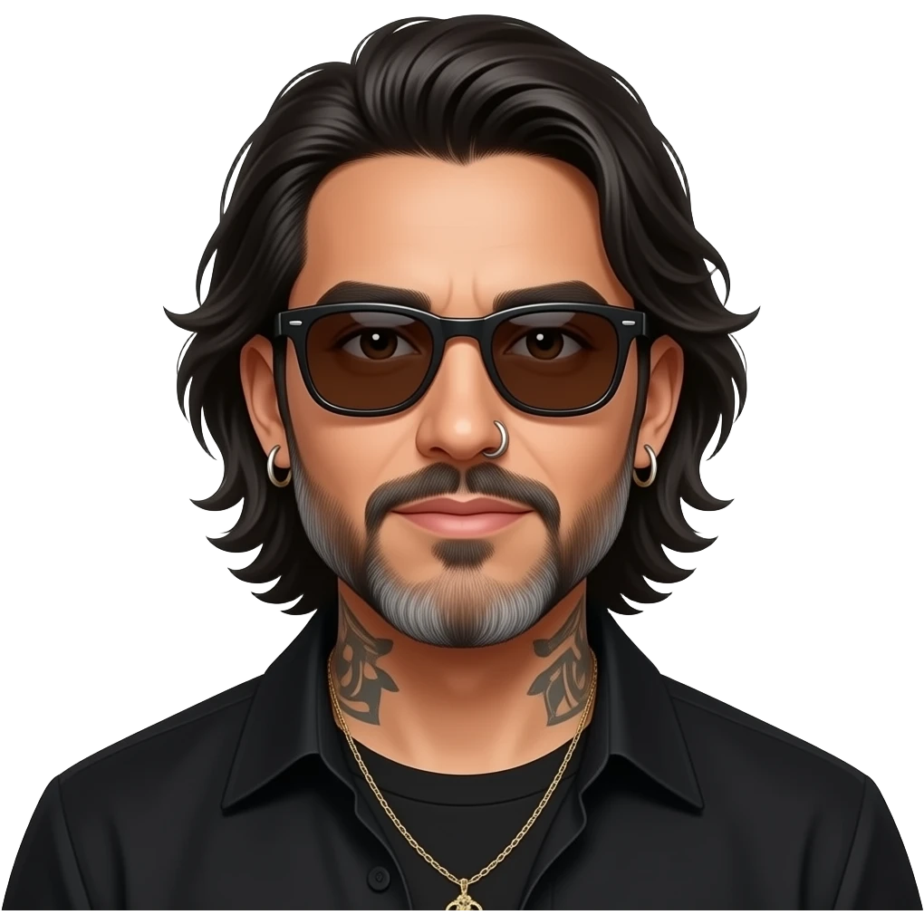 The handsome manly Latino podcast host with medium length hair, a long slightly graying beard and tattoos with his ears pierced 1 time each ear and a nose ring on the right side, dark brown eyes, wearing black, dark sunglasses, and jewelry, posing for a photo shoot emoji