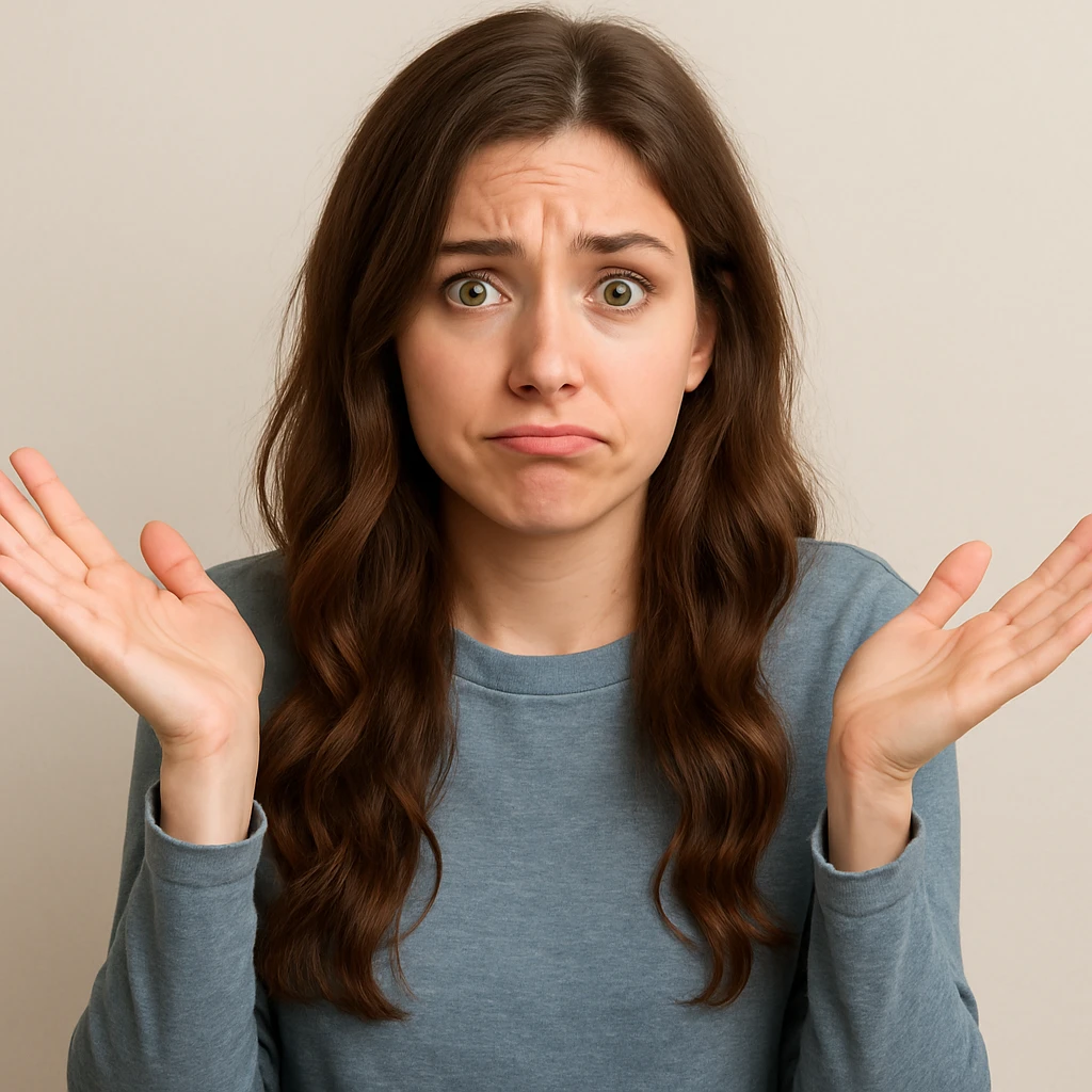 girl with long brown wavy hair, green eyes, shrugging, slightly confused expression, upper body, simple background emoji