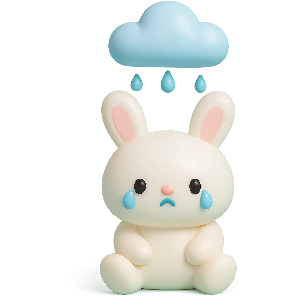 marshmallow bunny sitting with tears under a raincloud, vinyl figure style emoji