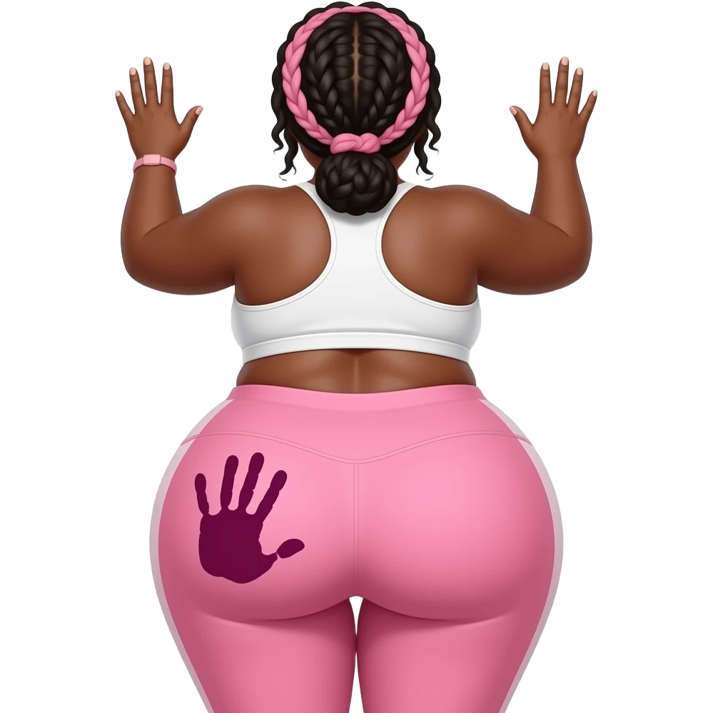 A THICC extremely fat pink and white big booty African showing her yoga pants back her buttocks with putting her hands behind the wall with a dark pink colored hand print on her left buttocks emoji
