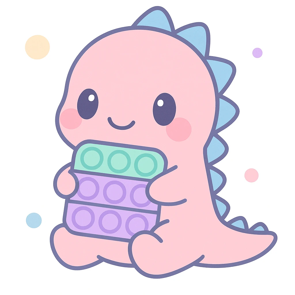 a cute dinosaur holding a sensory toy, with a soft color palette and a gentle smile, soft and cute style emoji