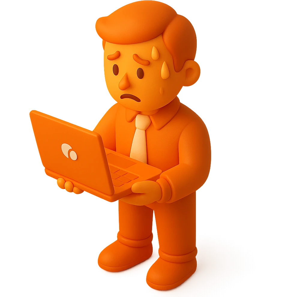 3D orange style male employee sweating and frowning, holding a laptop emoji