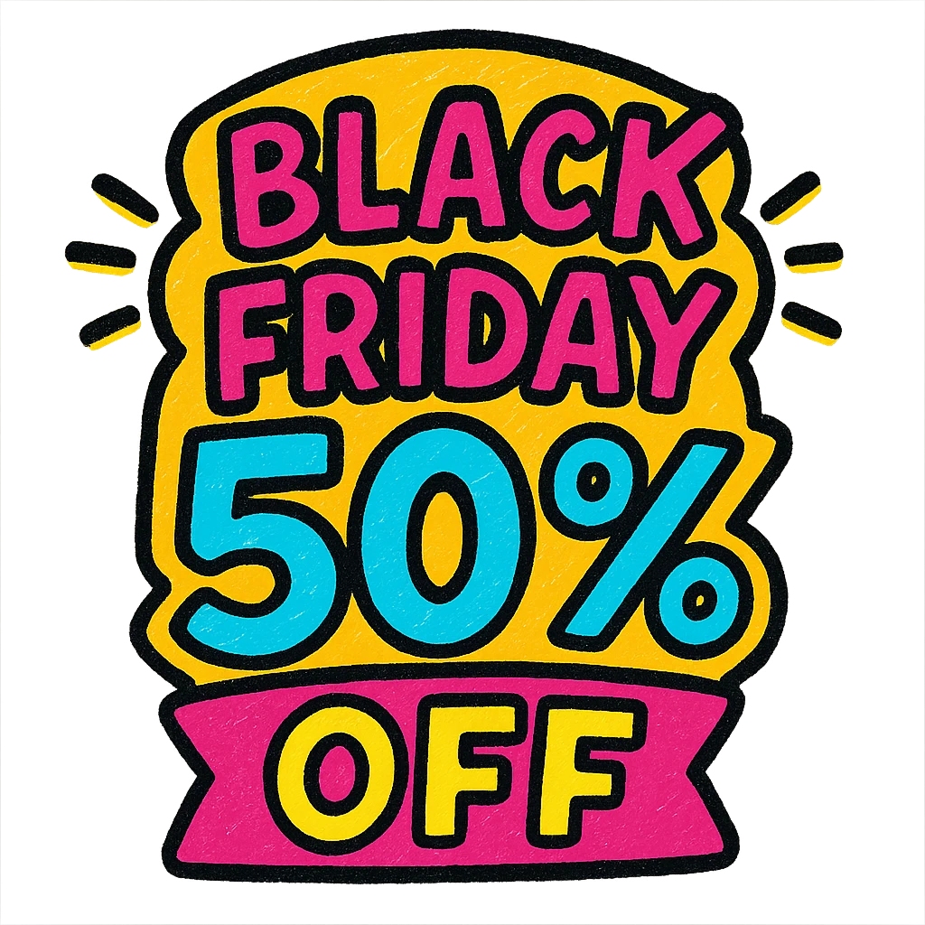 Black Friday label with hand lettering 50% off  emoji