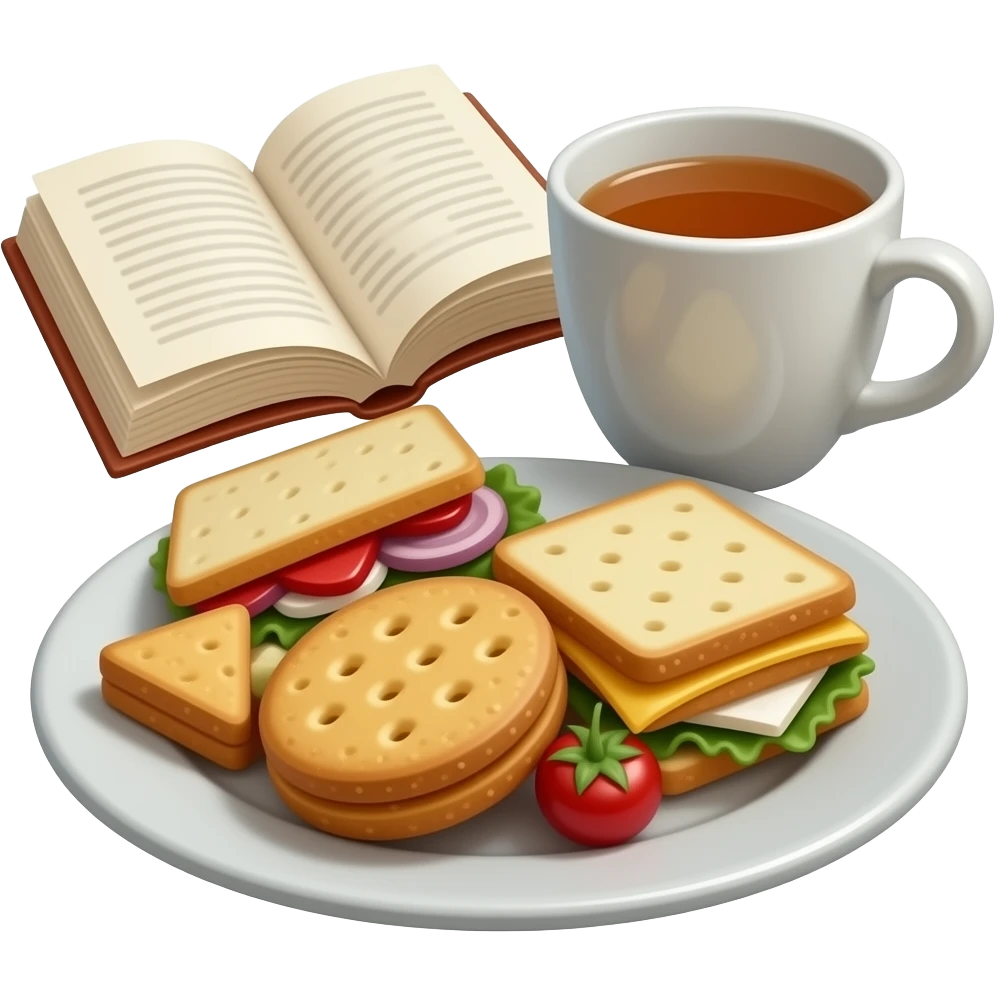 emoji-style illustration of a cozy snack plate for a reader and a cup of tea, bookish vibe, minimal background, no characters emoji