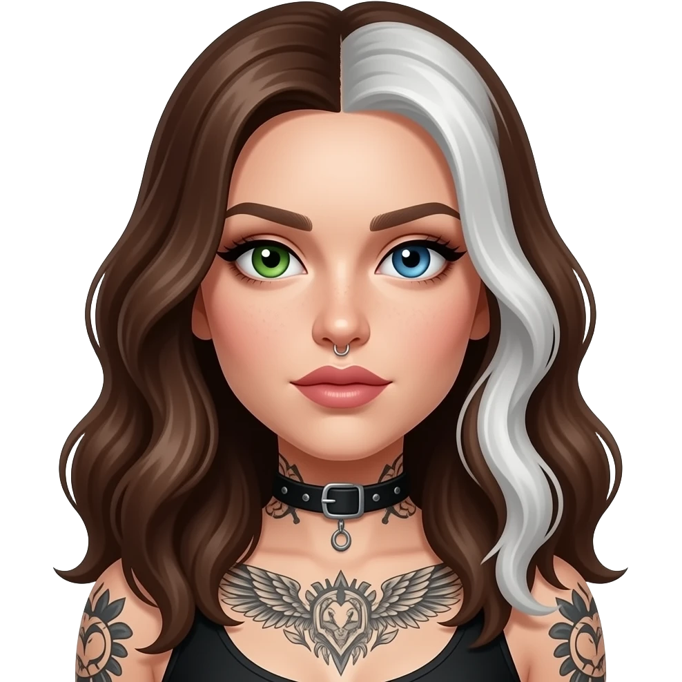 white long wavy haired brunette woman with one green eye one blue eye tattoos a philtrum piercing and a thin streak of white hair at the front and dark feminine makeup emoji