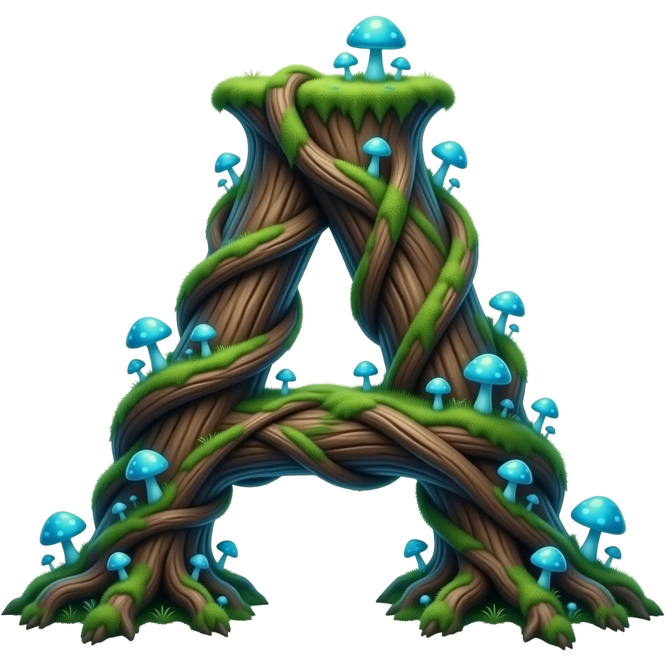 Magical letter 'A' formed from twisting ancient tree roots, overgrown with tiny neon-blue mushrooms and bioluminescent moss. Soft fireflies orbiting the letter, enchanted forest atmosphere, macro photography style emoji