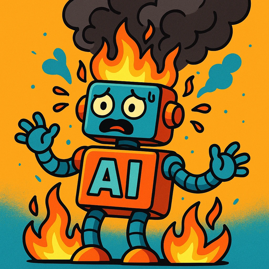 vibrant cartoon style robot labeled 'AI' overheating with flames and smoke coming out emoji