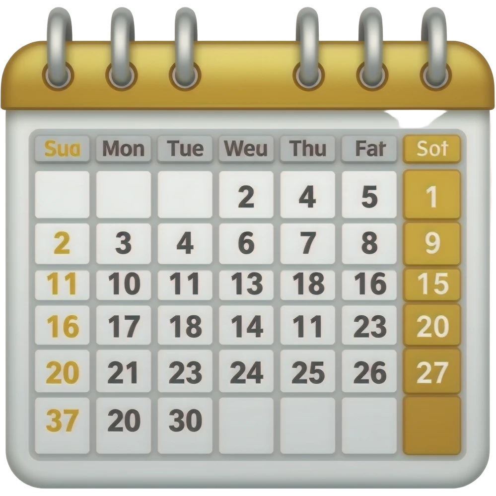 Can you generate me an image of a calendar styled like an emoji with 7 days and the weekends (first & last day) be golden please emoji