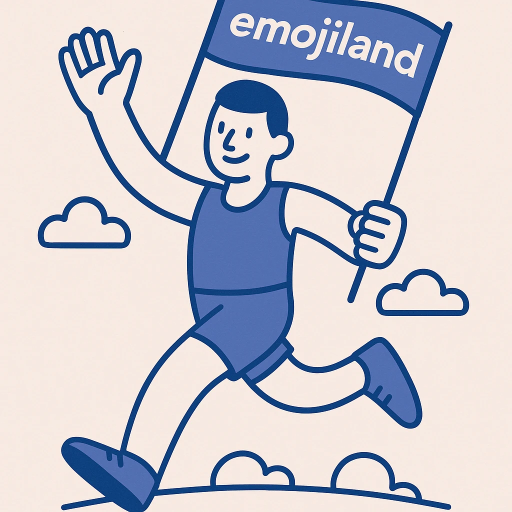 happy runner waving a flag that says 'emojiland' emoji