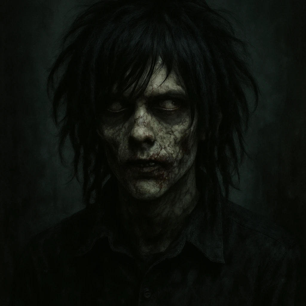 zombie boy with black medium length dreads, emo style, shaggy hair, dark and spooky, creepy and spooky face emoji