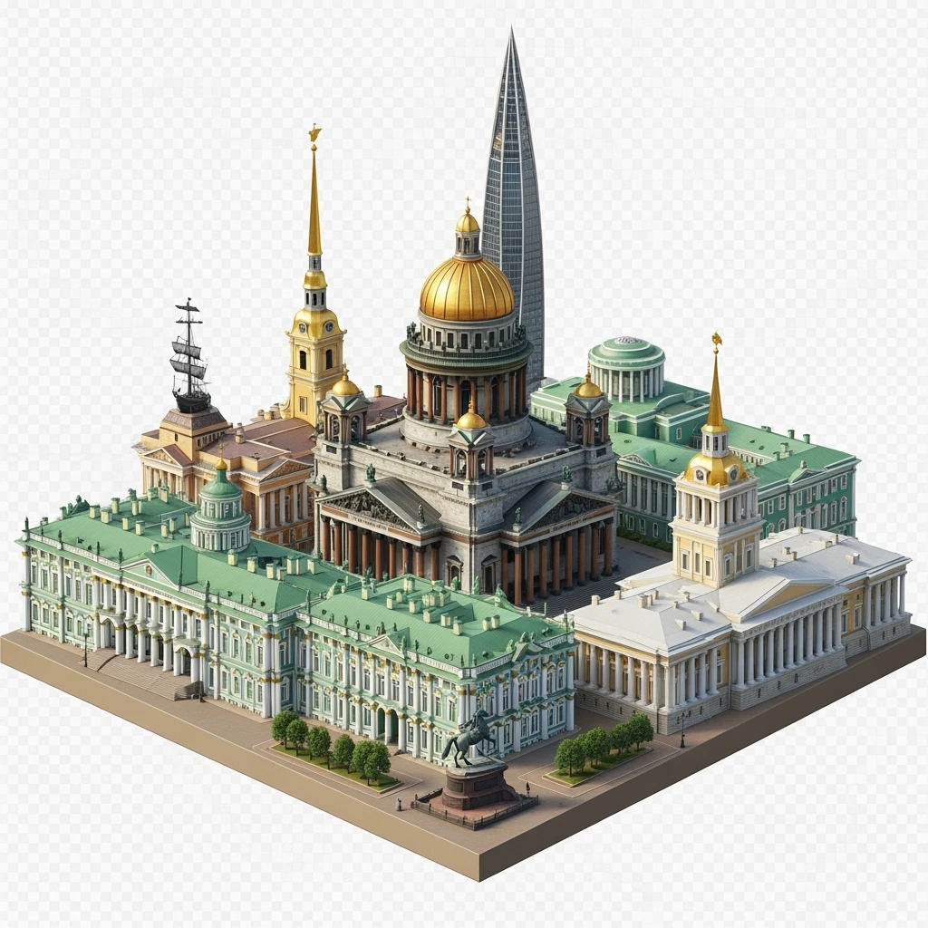 Изометрическая иллюстрация-модель Санкт-Петербурга с акцентом на фотореалистичный Исаакиевский собор, Зимний дворец, памятник Петру I, Адмиралтейство, здание Сената, башня Лахта-центр баланс между стилизацией и реализмом, эффект рисованной миниатюры Tift shift, прозрачный фон. emoji