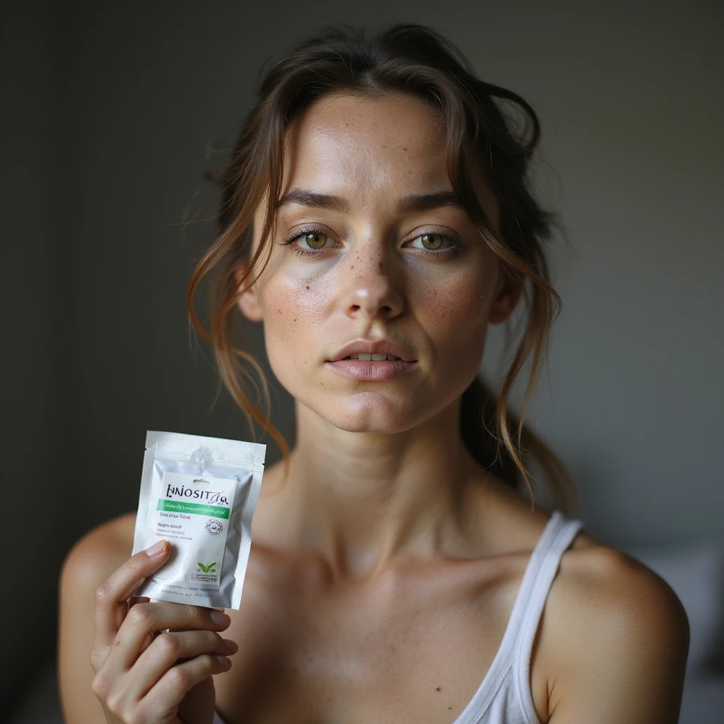 realistic woman with PCOS holding a package of inositol, face with acne marks and facial hair, thin hair, serene expression, domestic or clinical environment, hyperrealistic photography, natural light emoji
