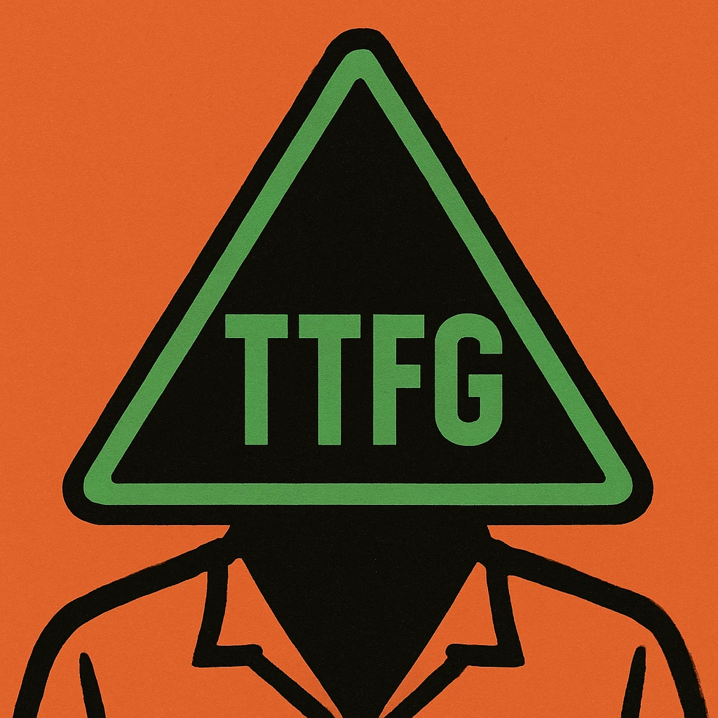 black triangle with a vibrant green border containing the text 'TTFG' in bright green, geometric sans-serif font, bold and clear emoji