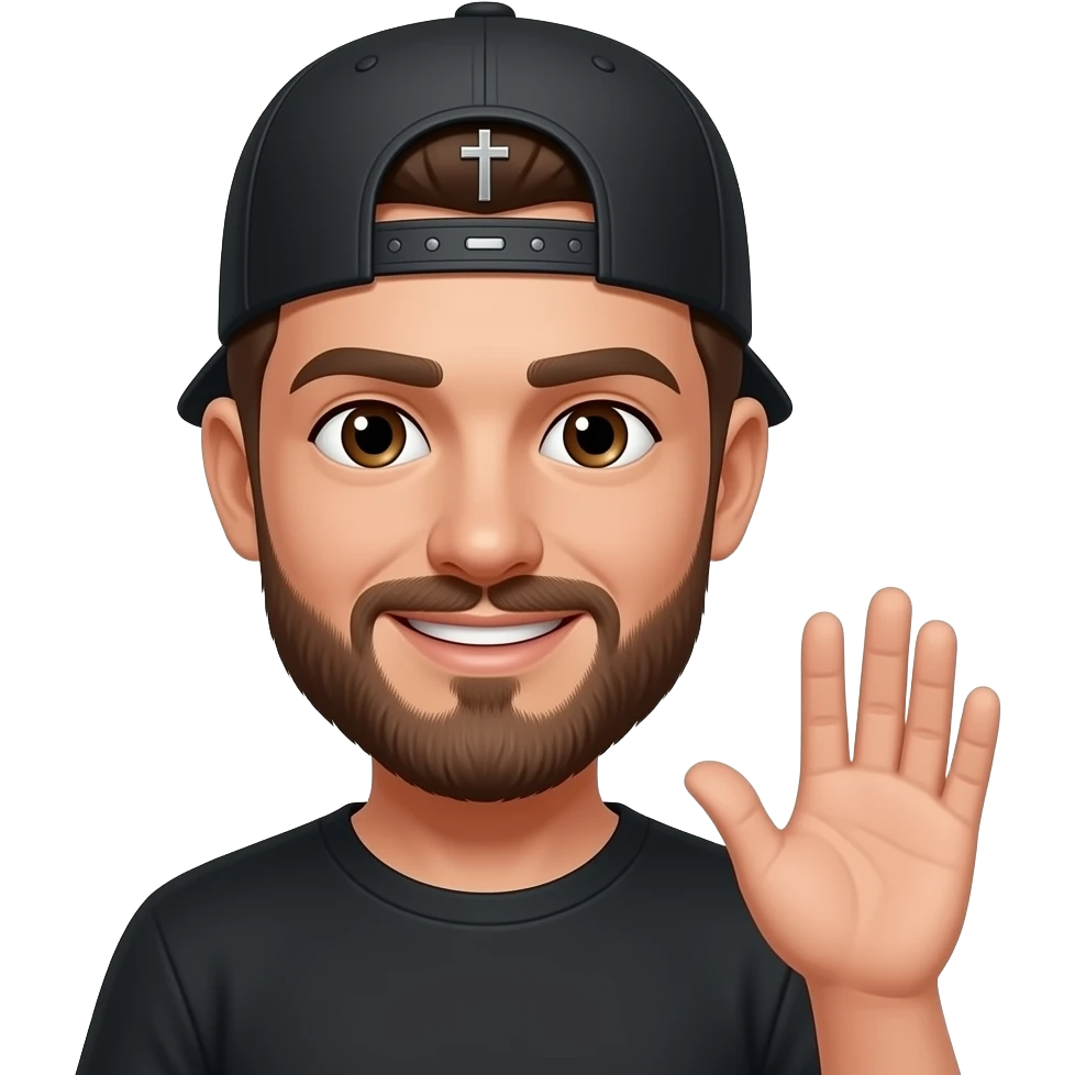 Brown eyes, rock cap with metallic clips on the cap visor , rock cross on the cap , black teeshirt, saying hi, no ratio, no chain, short hair , browning beard, no withstand emoji