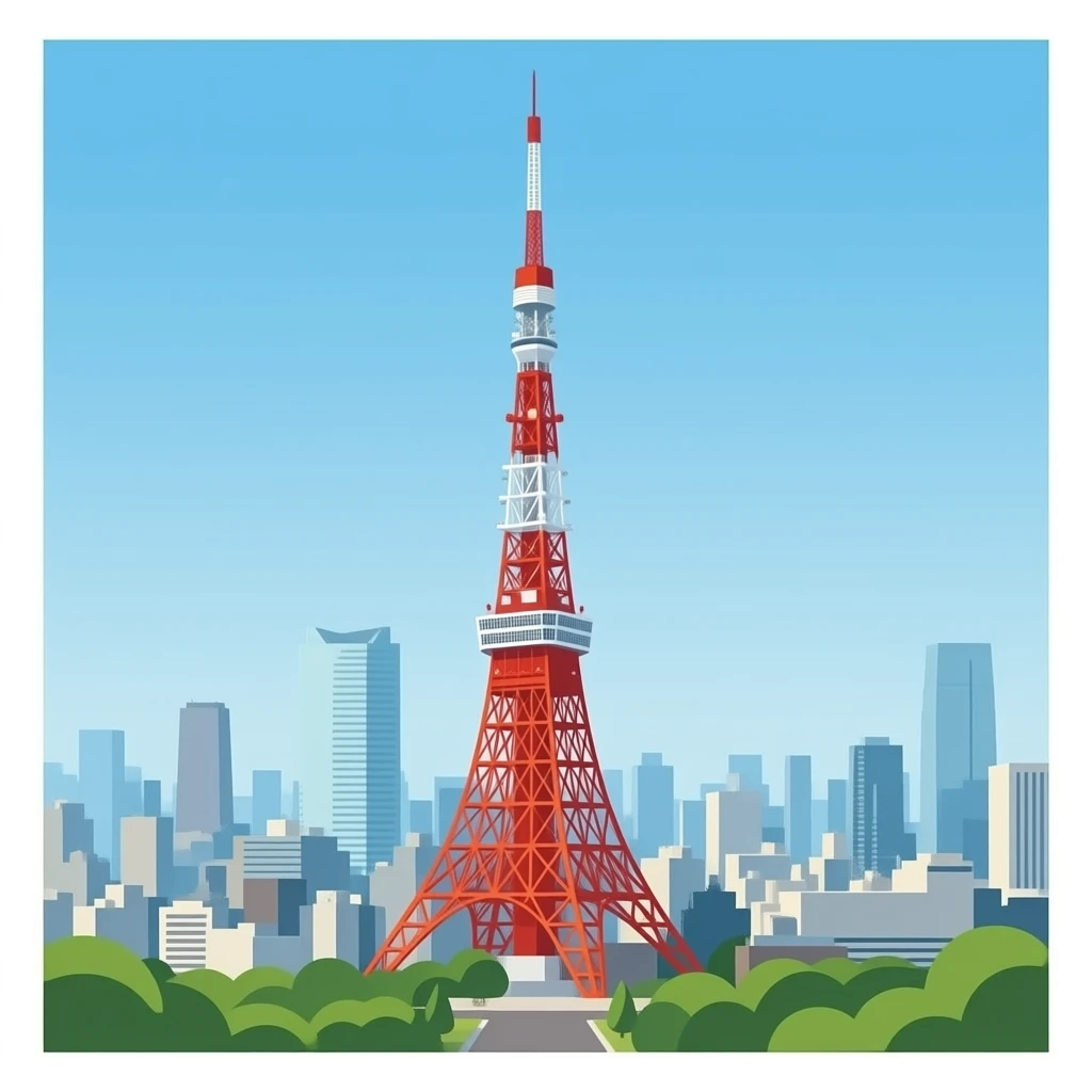 bright red Tokyo Tower standing in the center, lattice steel structure, simple Tokyo skyline behind, clear sky, stylized 3D cartoon, clean mobile game icon style emoji