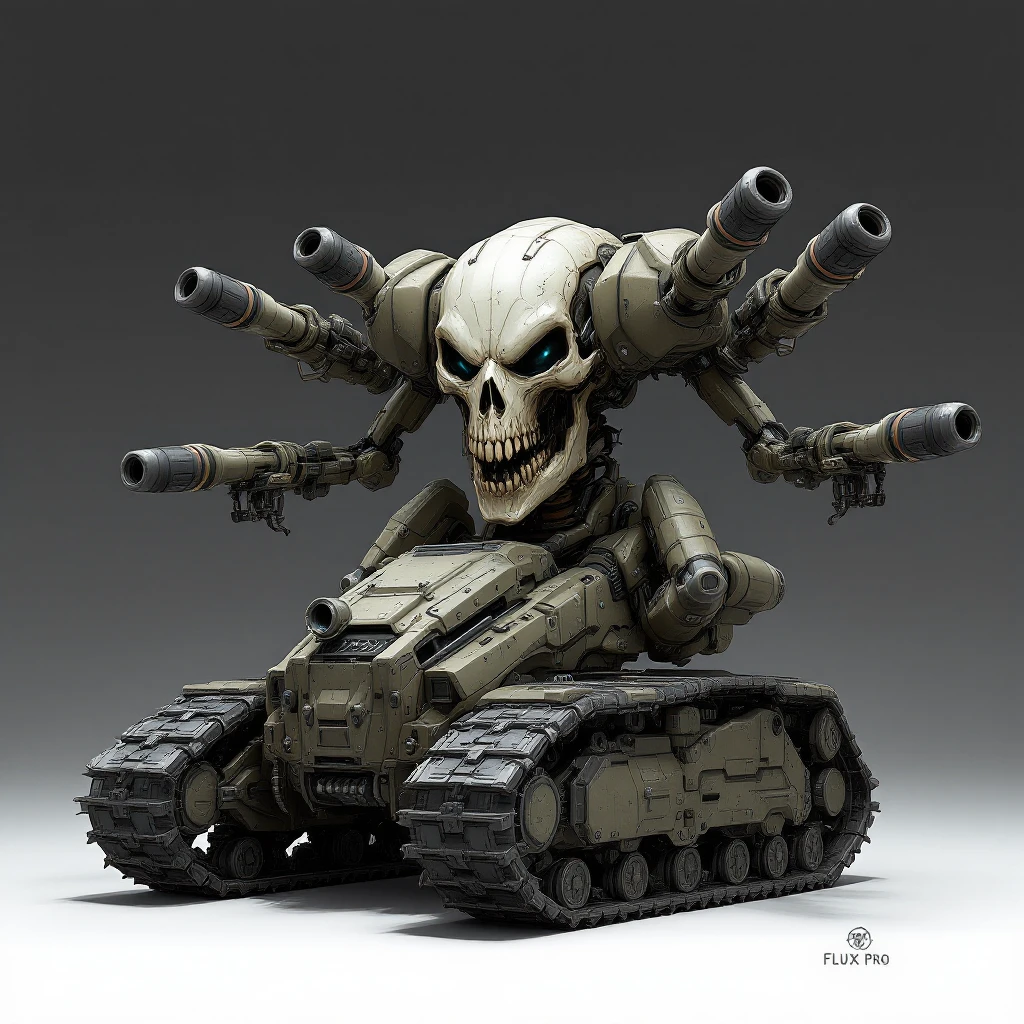 Create a sci-fi skull tank with a humanoid upper body and four weaponized arms at the shoulders, mounted on a bulky tank chassis with treads similar to the reference images. The design should be aggressive and dynamic in the Flux Pro style. emoji