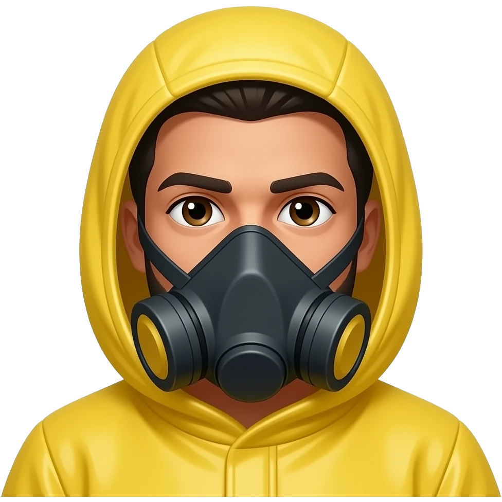 arabian man, dark brown hair, brown eyes, brown skin, yellow hazmat suit with hood on + mask emoji
