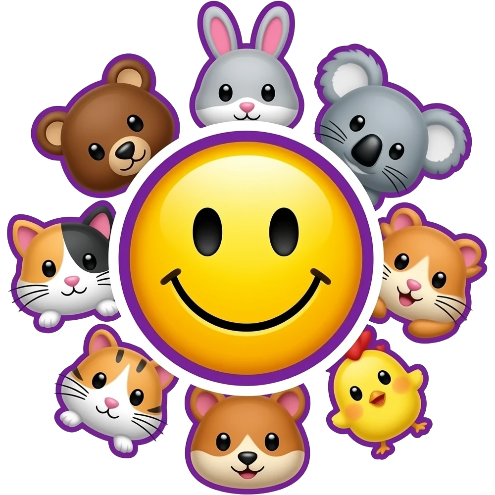 Same with this design.Yellow Smiley in the centre. The smiley  with white and purple background, circle form ,serrounded by the head only of these seven symbols: 🐻🐰🐨🐈🐹🐿🐥 Smaller size. Bright yellow background, bright purple outlines emoji