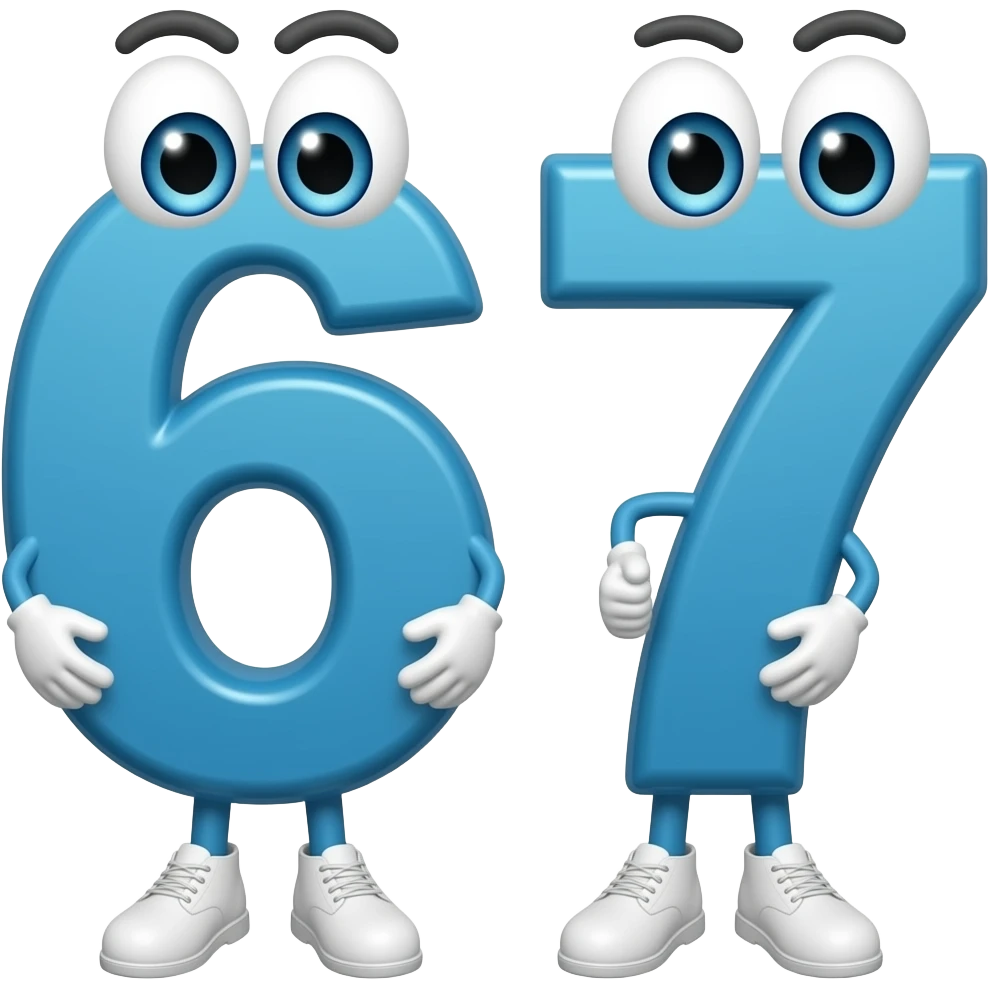 Blue 67 character number wearing white gloves and white shoes and it haves eyes emoji