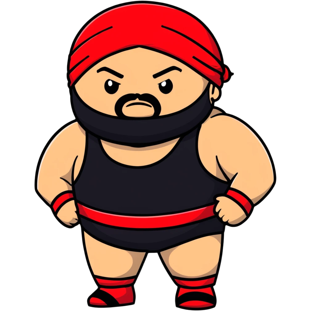 White skin fat guy with black durag, black beard, and black eyes in a red and black wrestling singlet emoji