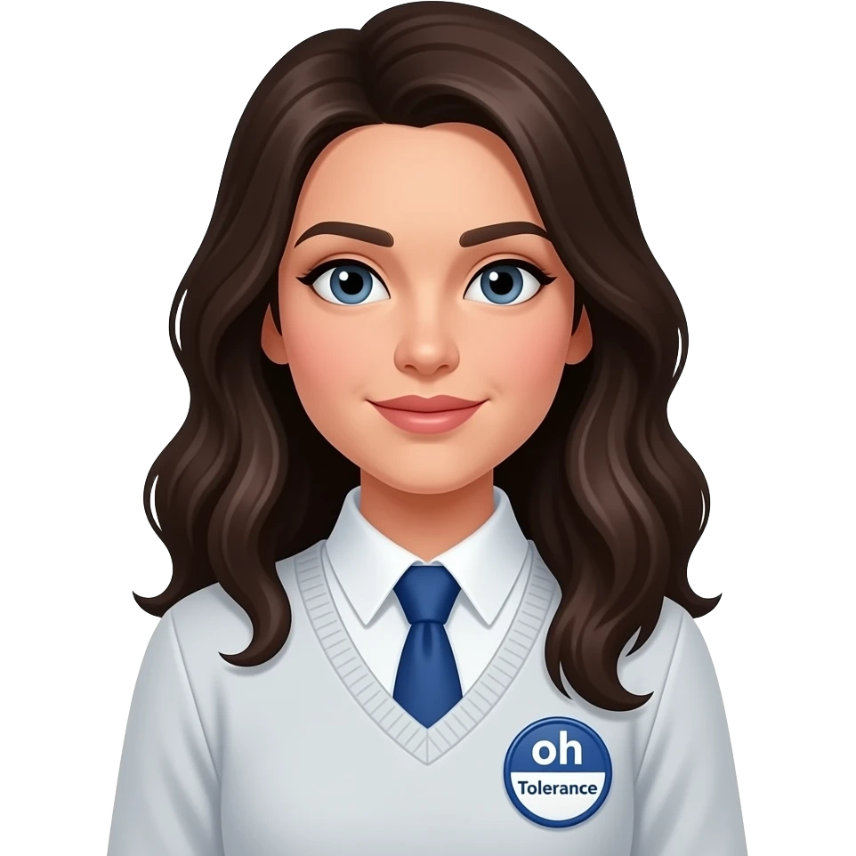 make someone who u think is abeer, blue tie, has a badge that says tolerance, wavy hair blackish brown  and make her wear a pull over emoji