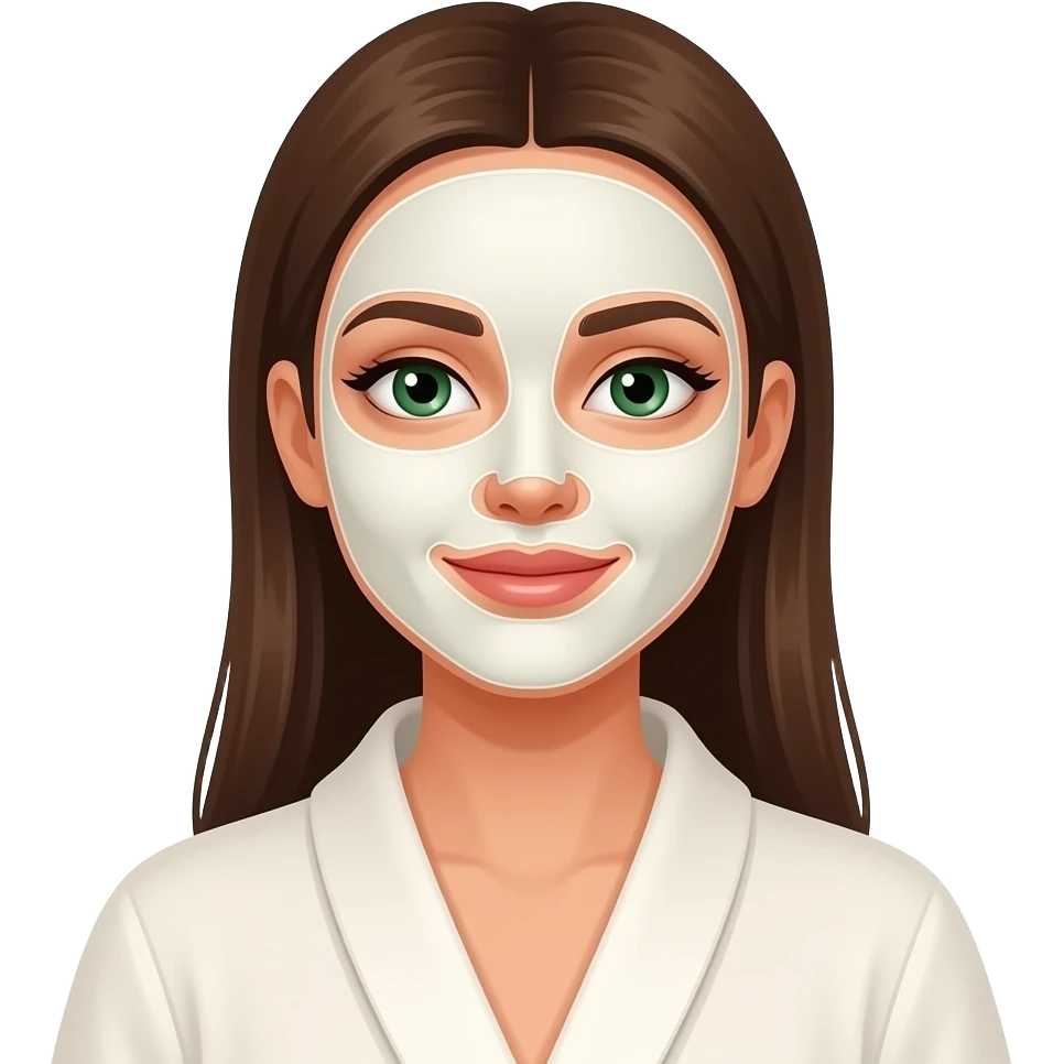 woman with long brown straight hair and green eyes doing a face mask in a cream robe emoji