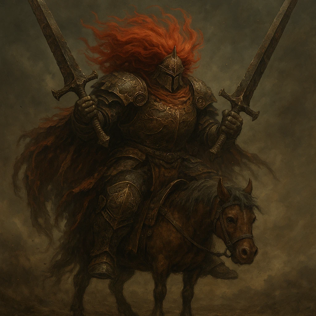 Starscourge Radahn, massive armored warrior with red hair, dual-wielding greatswords, riding a tiny horse, fantasy video game boss, dramatic pose, detailed armor, epic atmosphere emoji
