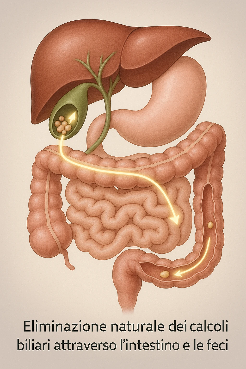 A realistic, educational medical illustration showing the human digestive tract focusing on the liver, gallbladder, bile ducts, and intestines. The gallbladder is depicted with small gallstones inside. A soft glowing arrow indicates the flow of bile and small stones moving naturally from the gallbladder through the bile ducts into the intestines. In the colon, small softened gallstones are shown being prepared for elimination, symbolizing their removal through bowel movements. The style is clean, precise, and clear with soft anatomical colors (greens, soft reds, and yellows) and faint glowing arrows to illustrate the process. The background is a subtle neutral gradient to keep the focus on the organs and the pathway. The image conveys the concept of natural gallstone elimination through the intestines via the stool in a clear, non-graphic, and educational way in italiano emoji