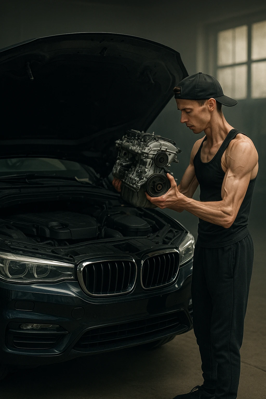 a lean, slimmed-down bodybuilder in gym clothes stands beside a large, imposing car (like an SUV or luxury sedan) with the hood open. Con attenzione e un po’ di fatica, solleva e installa un piccolo motore nel grande vano motore dell’auto. Il contrasto tra la stazza dell’auto e la dimensione ridotta sia del motore che del bodybuilder è evidente. L’atmosfera è riflessiva e simbolica. emoji