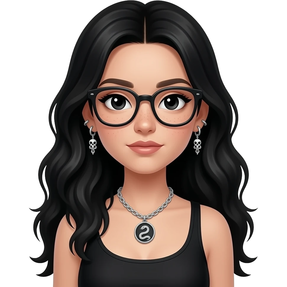 Cool girl in black, whole upper body in sitting state, long hair with volume , black eyes with small eye liner, with chain piercing earrings from helix to lobes (that has skeletons looking like crossing) and glasses, with subtle freckles, wearing a mini silver necklace with a snake emoji