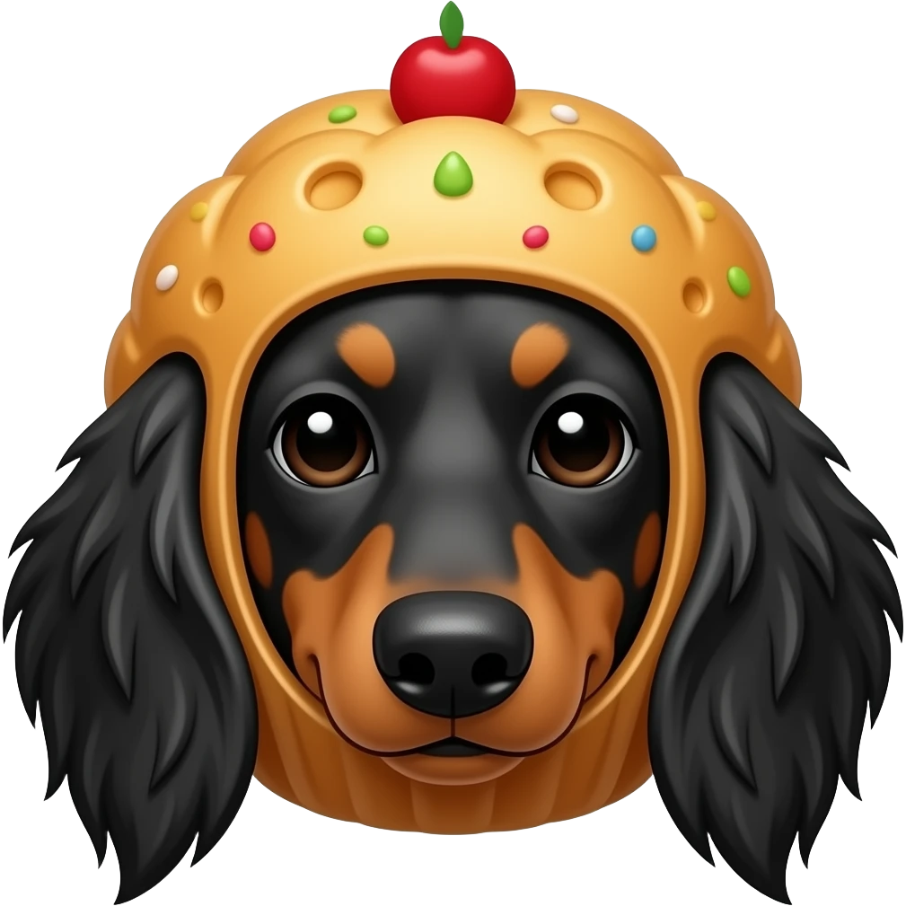 Long-haired dachshund head with black/brown fur in muffin costume emoji