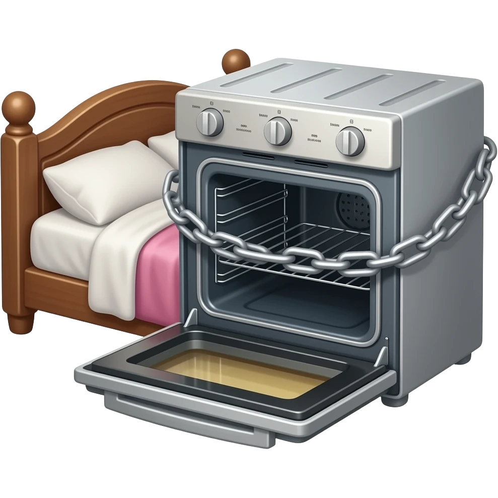 An empty Hot Oven chained on a bed wearing lingerie emoji
