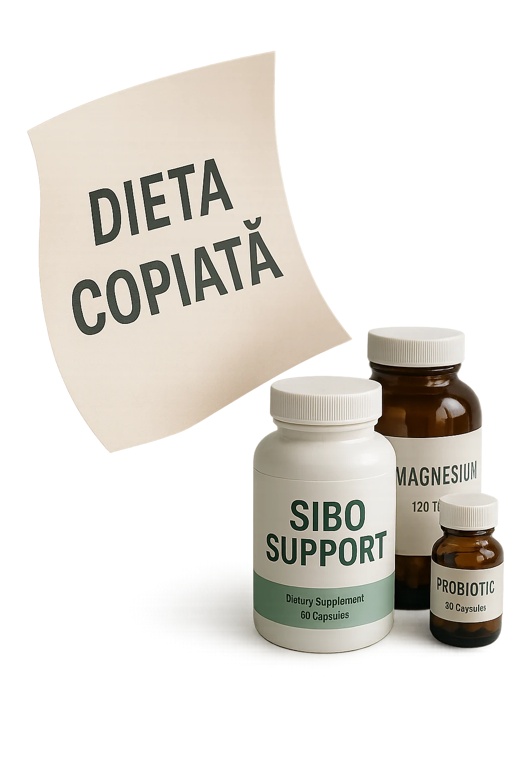 FOGLIO DI CARTA FLUTTUA IN ARIA CON LA SCRITTA "DIETA COPIATA", INSIEME A BARATTOLI DI INTEGRATORI PER CURARE IL SIBO, IPERREALISTICO 4K, NON DISEGNATO emoji