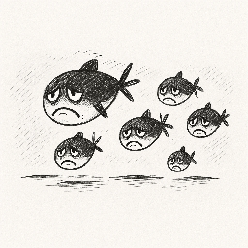 Make the colony of sad fish look even sadder with more expressive droopy eyes, deeper frowns, and a more melancholic atmosphere. The style is doodle style, hand drawn and sketchy, with a casual and informal look. emoji