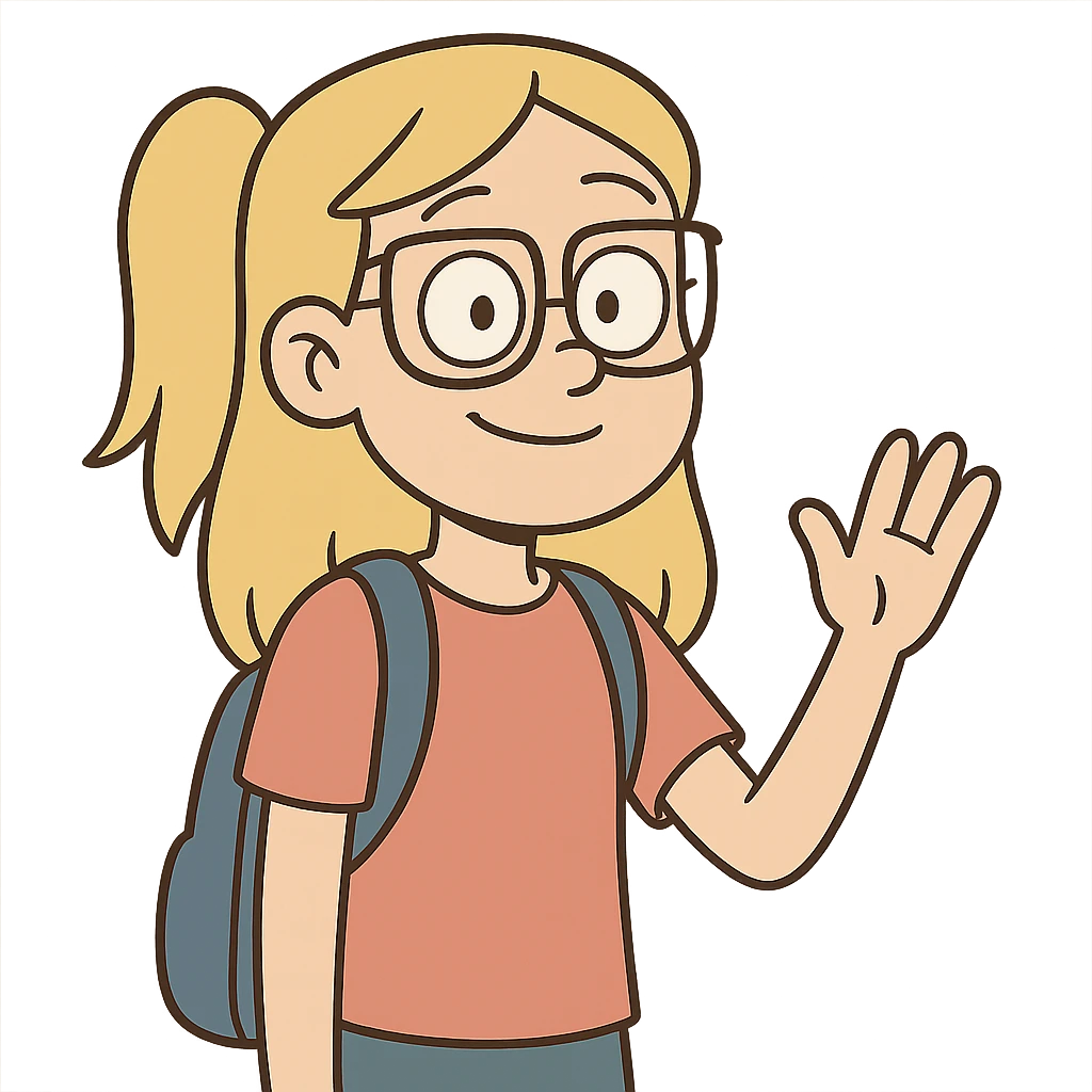 6th grade girl with blonde hair and glasses, friendly expression, cartoon style emoji