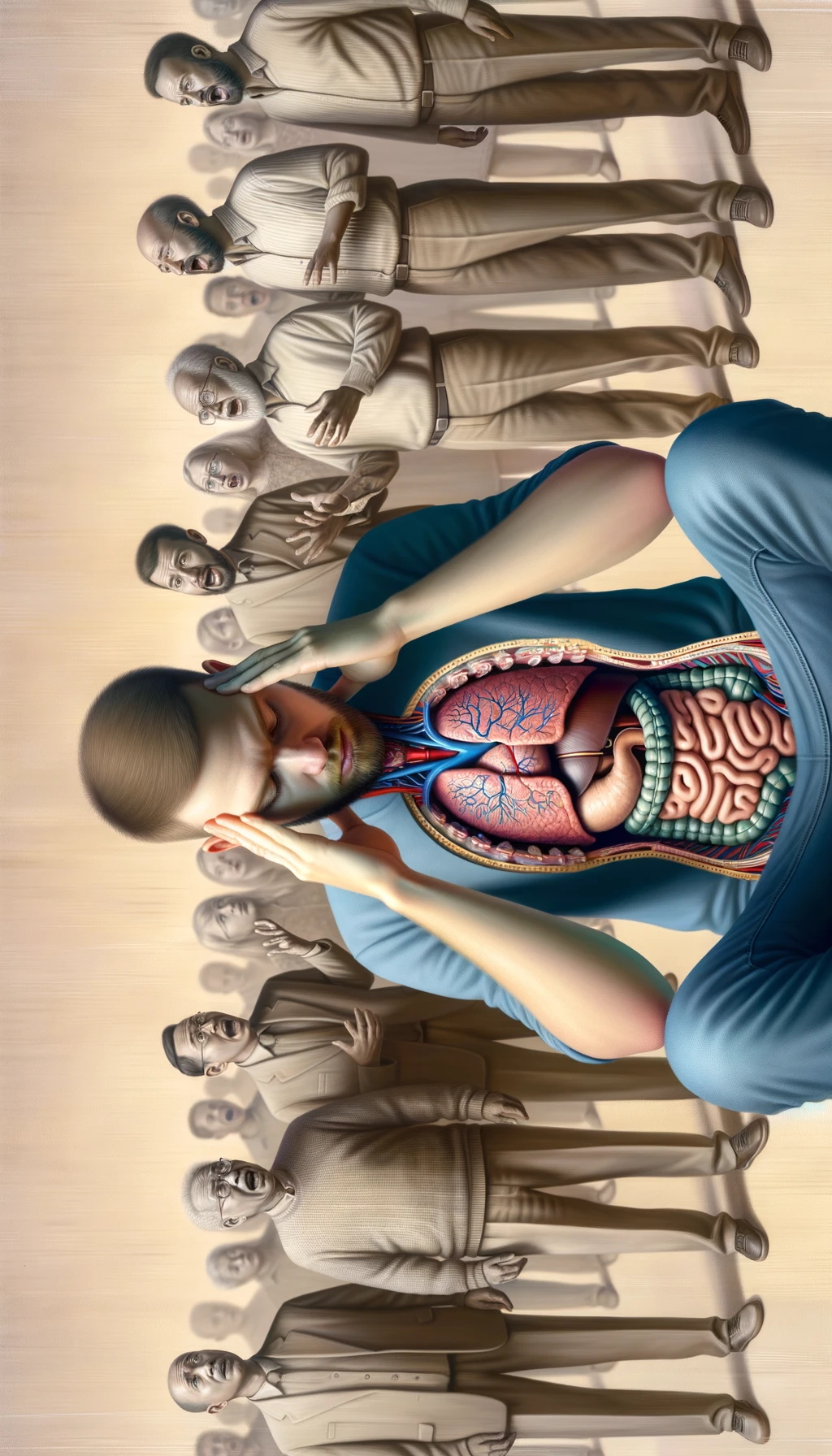 CORPO UMANO ANATOMICO SEDUTO a casa sua con intestinoa anatomico visibile CON PERSONE SFOCATE SULLO SFONDO CHE GLI PARLANO contro E LO ASSILLANO, LUI SI TIENE LE MANI SULLA TESTA ED è MOLTO STANCO E STRESSATO: non riesce ad ascoltare tutti quelli che gli stanno parlando, sfondo sul beige chiaro, IPERREALISTICO 4K emoji
