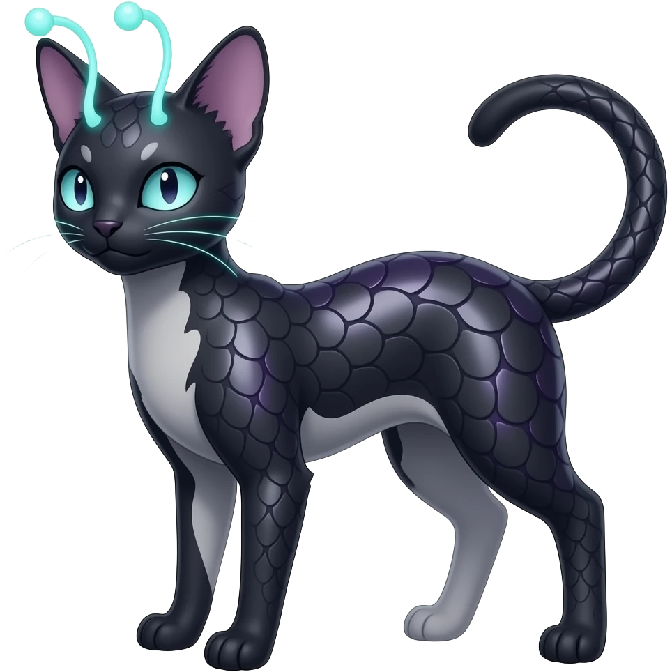 Abyssinian bioluminescent dark, scaly furry oil-blackish oily greyish, purplish, whitish abyss-fantasy-Zorua-Sprigatito-Absol-feline-Fakémon-fusion, with thin neon-glowing bulb-antennae-whiskers, full body emoji