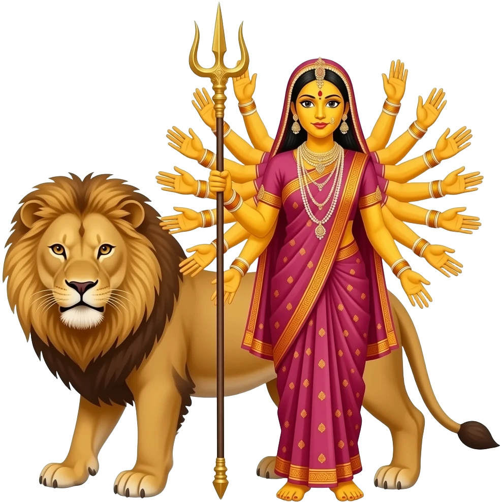 A bengali yellow skinned bride with exactly ten empty hands standing beside a lion with ALL hands in front and her very two front arms should hold a mighty trident emoji