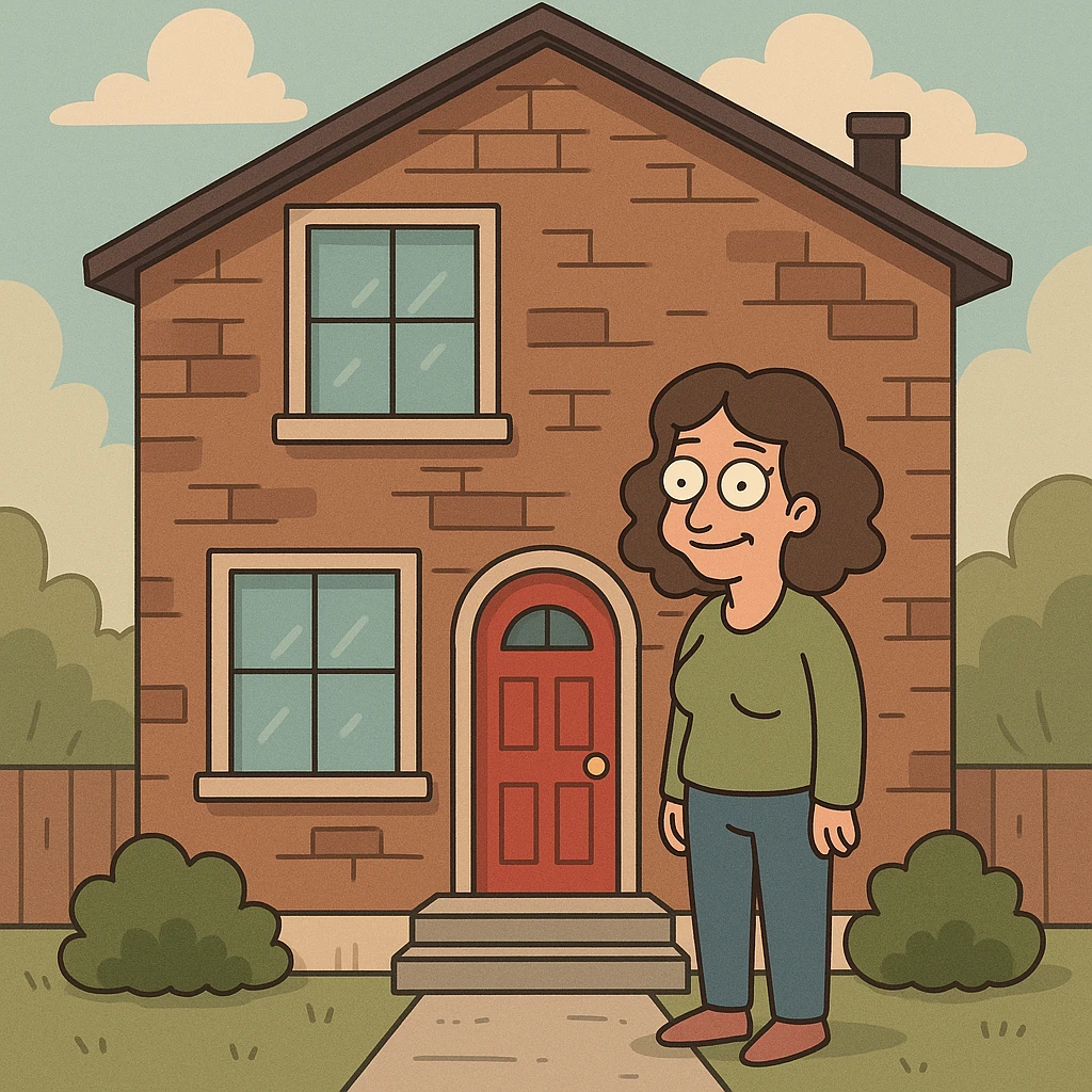a brown brick house with a red door, cartoon style emoji